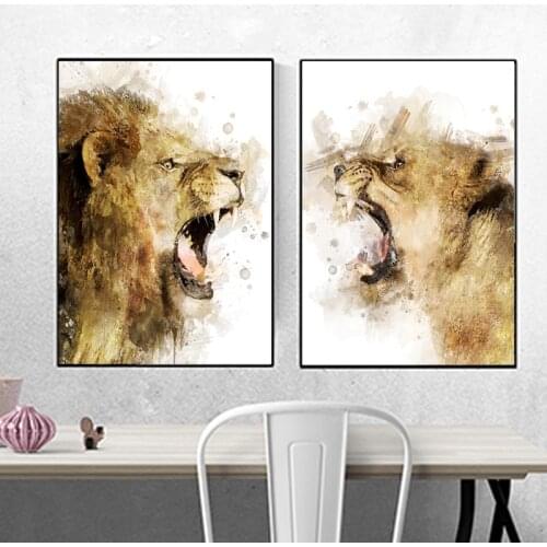 Watercolor Lion and Lioness Safari Canvas Painting Posters and Prints Animal Wall Art Living Room Indoor Home Decoration Picture