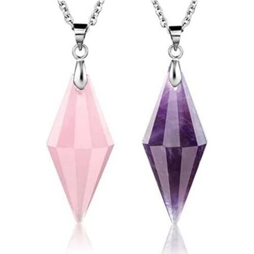 KFT Natural Crystal Quartz 12 Faceted Stone Pendant Healing Chakra Pointed Reiki Stone Pendant Necklace Pendulum Quartz Jewelry