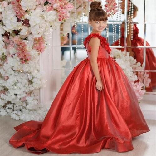 Princess Red Flower Girls Ball Gowns One Shoulder Flower Girl Applique Girls First Communion Celebration Dress Ball Gowns Custom