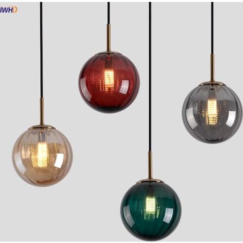Creative Colorful Glass Ball Pendant Lights Modern Nordic Hanglampen Iron LED Pendant Lamp Fixture For Living Room Decoration