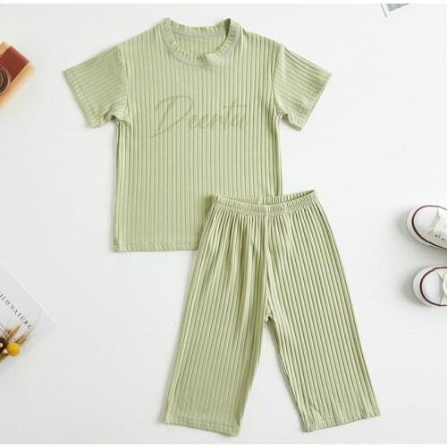 Summer Kids Pajama Green Cotton Baby Girls Clothing Set Solid Toddler Pyjsma Casual Children Sleepwear Short Sleeve Long Pant