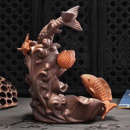 Small Fish Incense Burner Backflow Lotus Ceramic Smoke Fountain Incense Burner Zen Garden Incensario Home Decoration YD50XL