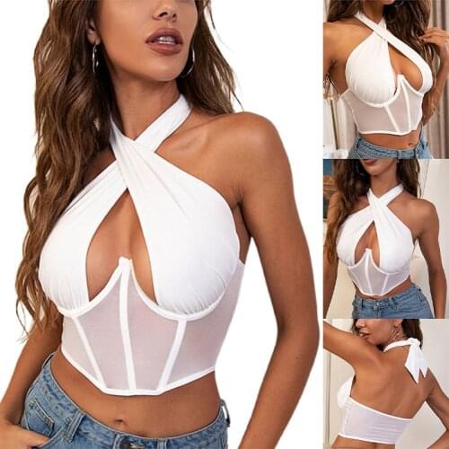 Fashion Women Summer Tank Tops Solid Color Splicing Hollow-Chest Halter Neck Backless Tank Tops for Girls White