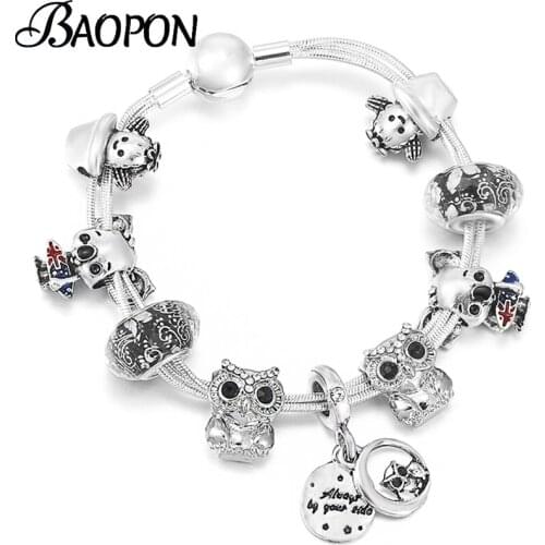 Silver Color Cute Owl Cactus Beads Charm Bracelet For Women With Multi-layer Snake Chain Bracelets Bangles As Child Jewelry Gift