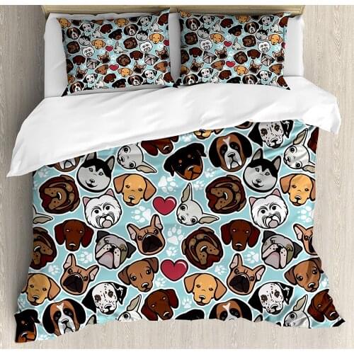 Dog Lover Duvet Cover Set Canine Breeds Bulldog Chihuahua Siberians and Retriever Love Heart Paw Decorative 3 Piece Bed