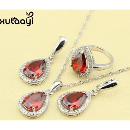 Water Drop Synthetic Red Garnet White Zircon Silver Jewelry Set Ring Size 6/7/8/9/10 Christmas Gift For Women