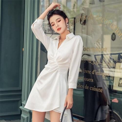 GOOHOJIO New 2020 Women Summer Shirt Dresses Casual High Waist Three Quarter Irregular Pleated Zipper Lady White Dress Size S-XL