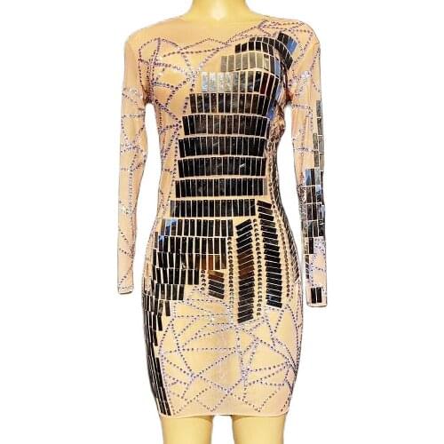 Long Sleeve Skinny Elastic Women Short Net Yarn Dress Glistening Rhinestones Sequined Mirror Dresses Evening Prom Outfit Stage