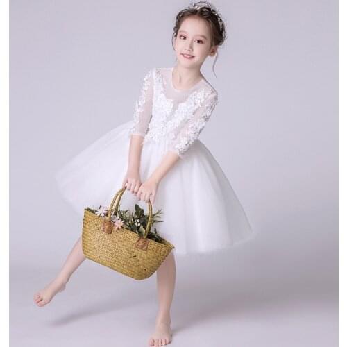 Romantic Angel Autumn White Half Sleeves Flower Girls Princess Puffy Graduation Dress Kids Communion Dress Kids Birthday Clothes
