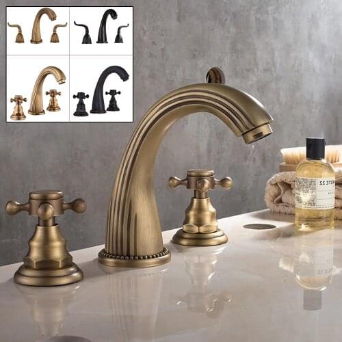 Deck Mounted Double Handle Bathroom Sink Mixer Crane Hot and Cold Water Taps 3 Pieces Square Bathroom Faucets 3 hole