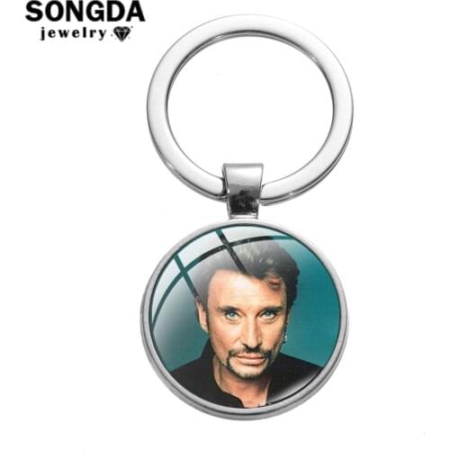 SONGDA Johnny Hallyday Souvenir Keychain Punk Rock Musician Key Chain Handmade Glass Art Photo Pendant Key Ring Music Fans Gift