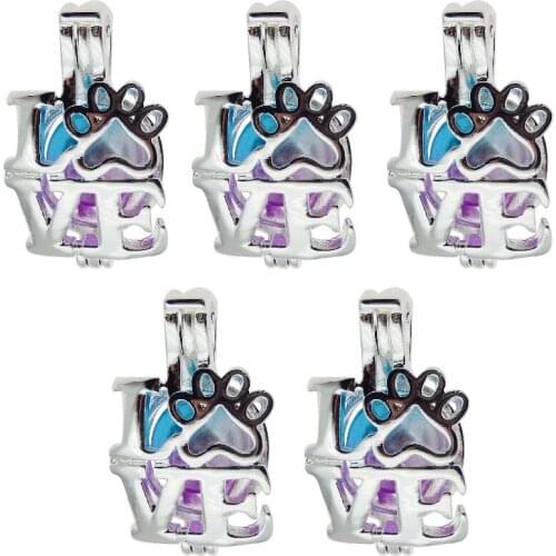 Bright Silver Dog Paw Pattern Love Shape Letters Locket Pearl Cage Pendant Women Aromatherapy Essential Oil Diffuser Jewelry 5pc