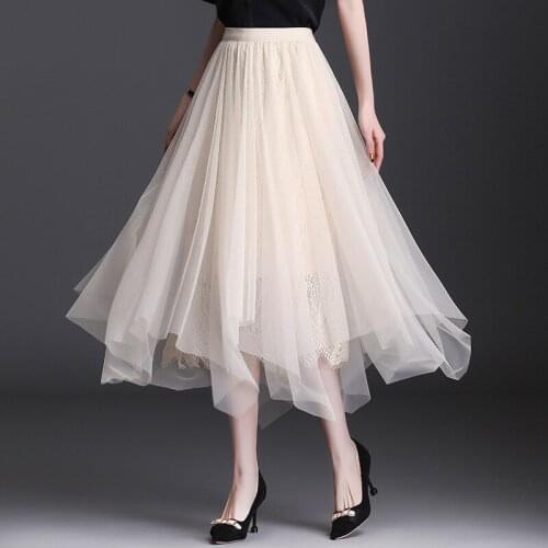 Irregular Mesh Lace Stitching Pleated Half-length Skirt 2021 Women Korean Elegant High Waist Mid-length A-line Skirts Streetwear