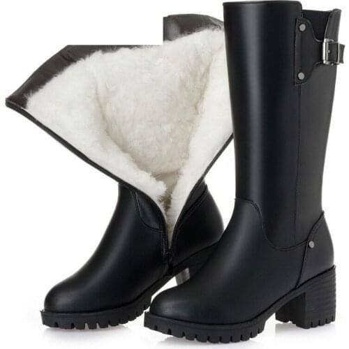 Snow Boots Wool Women Fashion Fur Warm Shoes Flat Bottom Genuine Leather Plush High Heel Boots Platform Women Winter Boots