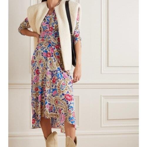 Women Dress 2021 Autumn New Style V-neck Pleated Floral Print Ladies Loose Dress