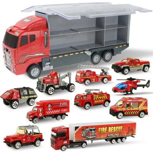 11pcs/set 2in1 Mini Diecast Fire Truck Engineering Toy Model Vehicles Carrier Truck with Ejection & Carry Function Xmas Gift