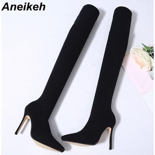 Aneikeh NEW 2021 Fashion Stretch Fabric Sock Boots Pointy Toe Over-the-Knee Heel Thigh High Pointed Toe Woman Boot Shoes Size 42