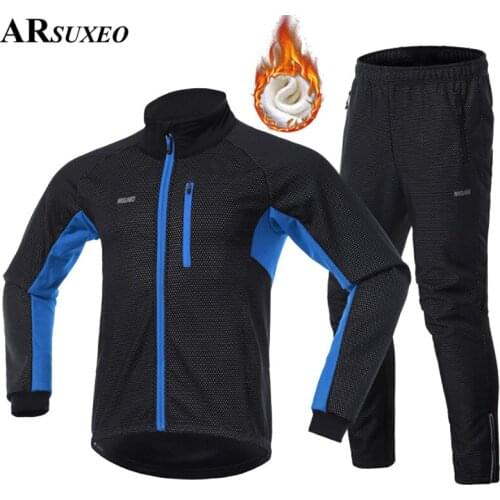 ARSUXEO Autumn Winter Fleece Thermal Cycling Jacket Warm Up Bicycle Clothing Windproof Windbreaker Coat MTB Bike Jerseys Set