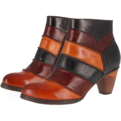 Retro Women Botas Genuine Leather Simple ZIP 3-5CM Thick High Heel Ankle Boots Shoes Comfortable Retro shoes for women 2020