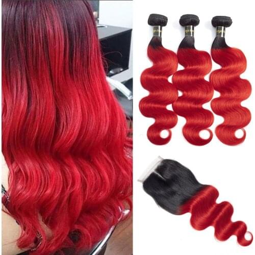 Brazilian Hair Weave Ombre Bundles with Closure 1b/Red Burgundy Body Wave Human Hair Bundles with Closure Remy