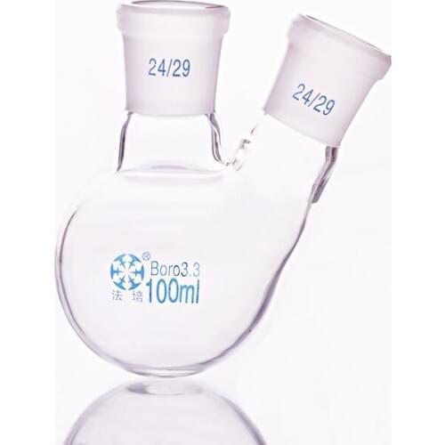 Two-necked flask oblique shape,with two necks standard grinding mouth,Capacity 100ml,Middle joint 24/29 and lateral joint 24/29