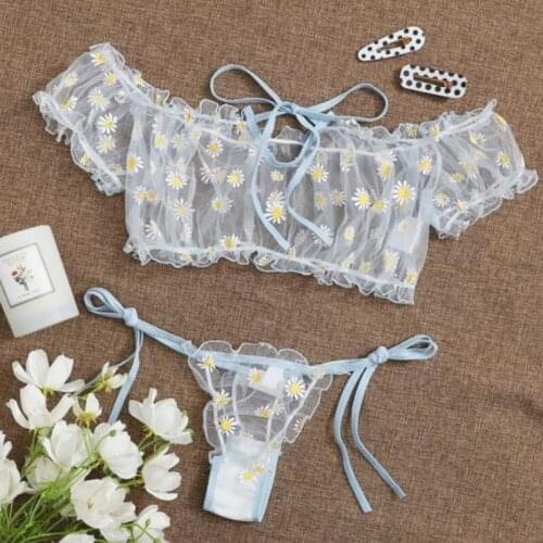 New Women Sexy Lace Daisy Bra Set Transparent Erotic Top Thong Push Up Bikini Sets Underwear Suit Exotic Apparel lingerie set