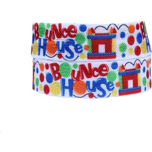 Kids cheer foe ribbons, 5/8" cartoon bounce house printed fold over elastic for gift wrapped