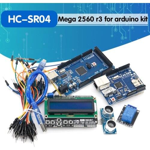 Free Shipping Mega 2560 r3 for arduino kit + HC-SR04 +breadboard cable + relay module+ W5100 UNO shield + LCD 1602 Keypad shield