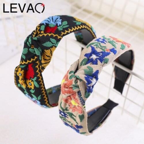 Levao Female Ethnic Hairband Embroidery Flower/Leaf Headband Head Bezel for Women Cross Knotted Hair Hoop Headbands Headwear