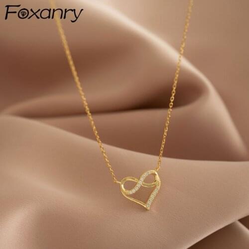FOXANRY 925 Sterling Silver Clavicle Chain Necklace for Women New Trendy Elegant Sweet Sparkling LOVE Heart Zircon Bride Jewelry