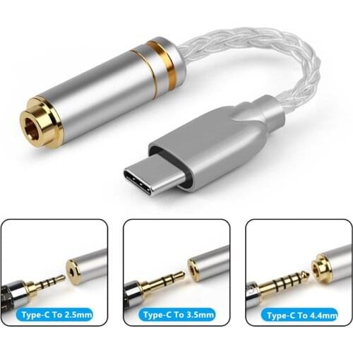 2.5mm 3.5mm 4.4mm Female Hifi DAC Type C Mini Jack Headphone Adapter Pure Silver Earphone Cable Audio Connectors USB C Converter