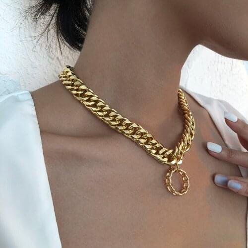 Lalynnly Punk Style Luxury Vintage Gold Color Thick Hollow Circle Pendant Necklace For Women Girls Fashion Jewelry Gift N9130