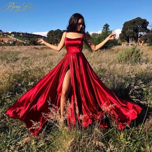 Sexy Red Satin Evening Dresses Side Slit Backless Prom Dresses Halter Straps Back Evening Gown Party Dress Abiti da cerimonia