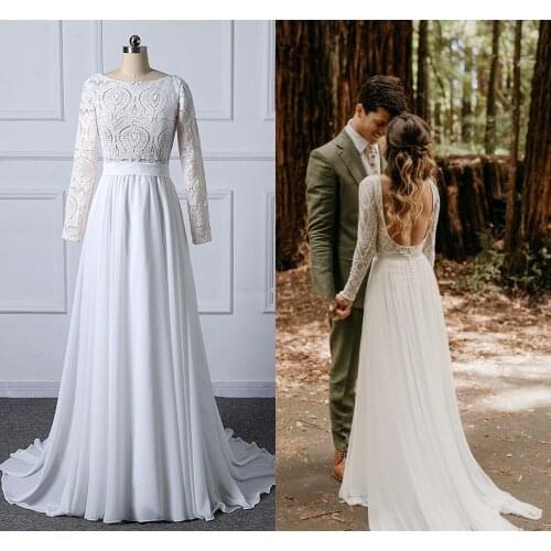 Boho Sexy Backless Lace Wedding Dresses 2020 robe de mariee Long Sleeve Wedding Gowns Custom Made A Line Chiffon Bride Dress