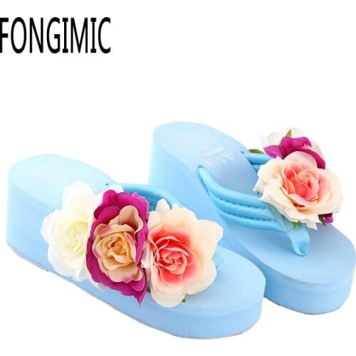 Fashion Flip Flops Women Shoes Summer Wedge Sandals White Beach Floral Bohemia Style Girl Slippers Woman Roses Tourism Slippers