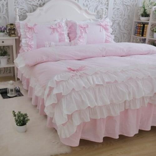 Amazing luxury bedding set pink queen size embroidery ruffle lace duvet cover bed sheet bedskirt princess bed pillow case HM-04P