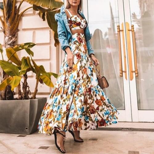 Elegant Retro Women Print Skirts Two Piece Set 2021 Summer Sexy Sleeveless Tops + Long Skirt Suits Harajuku Lady Fashion Outfit