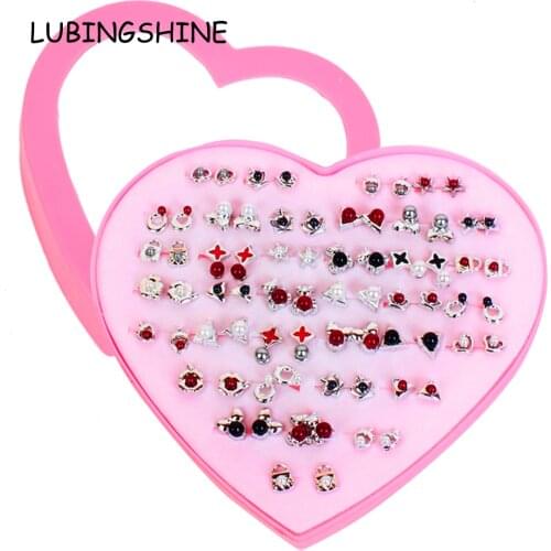Women 36 Pairs /Lot Cute Crystal Pearl Crown Small Stud Earrings Sets Girl Children Jewelry Party Birthday Gift With Heart Box