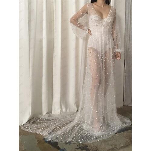 LO&LI Ivory Pearl Gown Dresses For Photo Shoots Puff Full Sleeves A-line Long Tulle Robe Bridal Gowns Night Robe