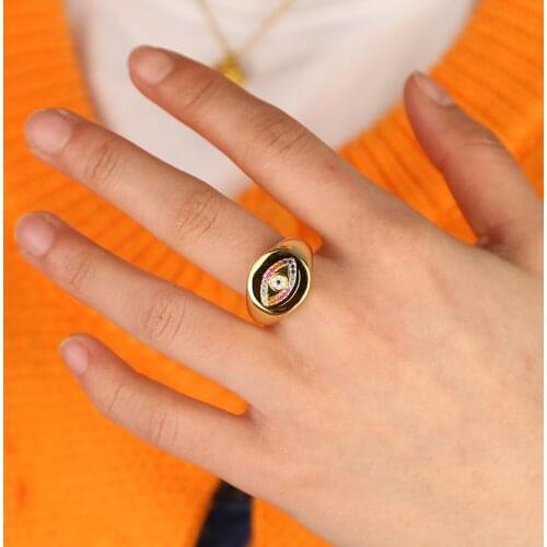 Women finger rainbow cz evil eye gold wide engagement band rings for lady women party gift finger jewelry classic antique ring