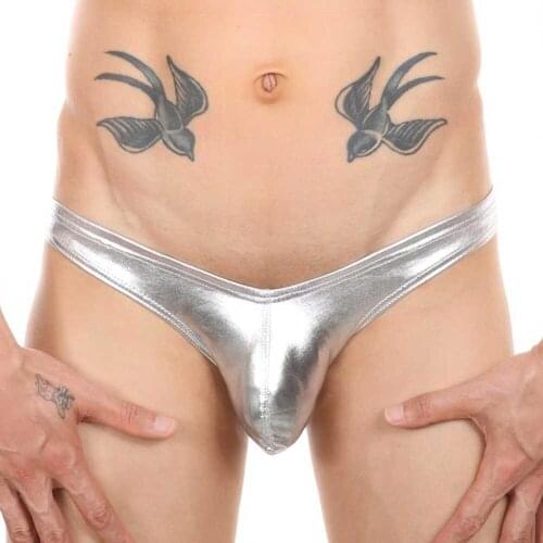 Faux Leather Briefs Men Sexy Wet Look Underwear PU Tanga Thongs Solid Underpants Panties Bikini Briefs Cool Pouch Male Clubwear