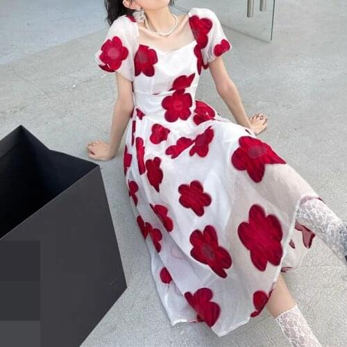 2021 summer new white flower puff sleeve dress summer sweet fairy long french dress women korean style women dress