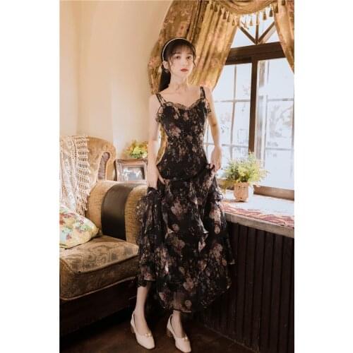 Dark Wind Floral Chiffon Dress Female Korean Print Niche Retro Suspender Elegant Ladies Dress Waist Slimming Women Summer Dress
