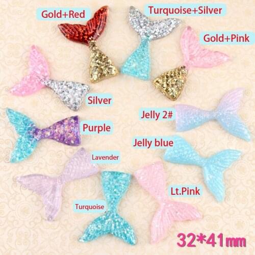 30pcs/Lot 32x41mm Mixed Glitter Mermaid Tail Resin Flatback Mermaid Applique Embellishment DIY Hair Bow Center Headband Supply