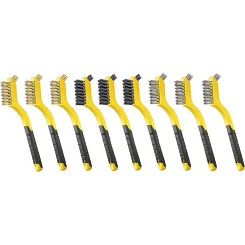 9Pcs - Nylon/Brass/Stainless Steel Bristles with Curved Handle Grip for Rust, Dirt & Paint Scrubbing with Deep Cleaning