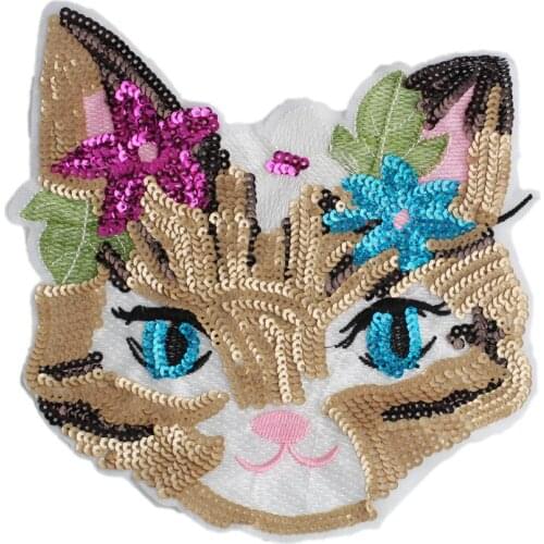 Large embroidery squined patch cats animal cartoon patches for bag badges appliques DIY accessory EQ-307