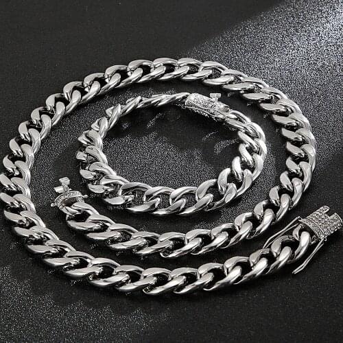 CZ Stainless Steel Miami Link Curb Chain Necklace for Men 13MM Wide Mens Bracelet Bangle Nickel Free Biker Jewelry Dropshipping