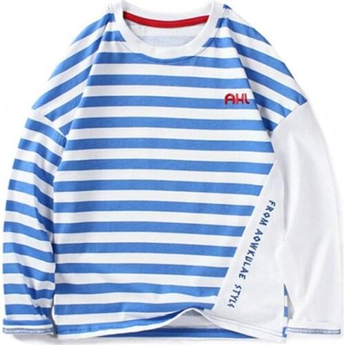 Childrens T-Shirt 2020 Autumn Korean Style Kids Striped Splicing Long Sleeve Tops Cotton For Student Boys 120-160 Bottom Shirts