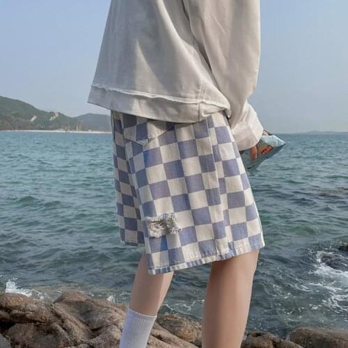 Plaid Ripped Jeans Mens Denim Shorts Summer Fashion Brand Cropped Pants Loose Trendy Hip Hop Man Casual Pants Designer Shorts