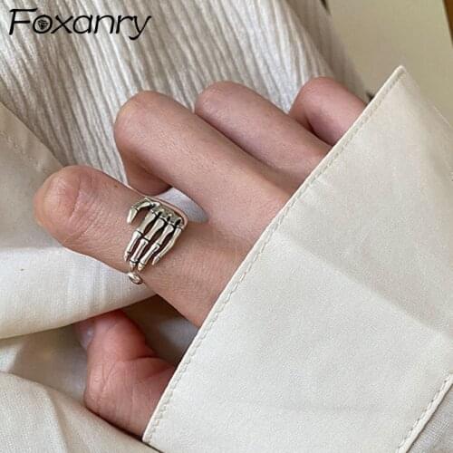 Foxanry 925 Sterling Silver Rings 2021 Trend Punk Rock Vintage Creative Adjustable Skeleton Hand Party Jewelry Birthday Gifts